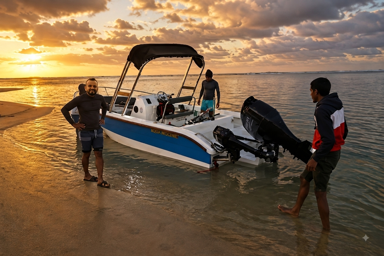 The crew on board at golden hour